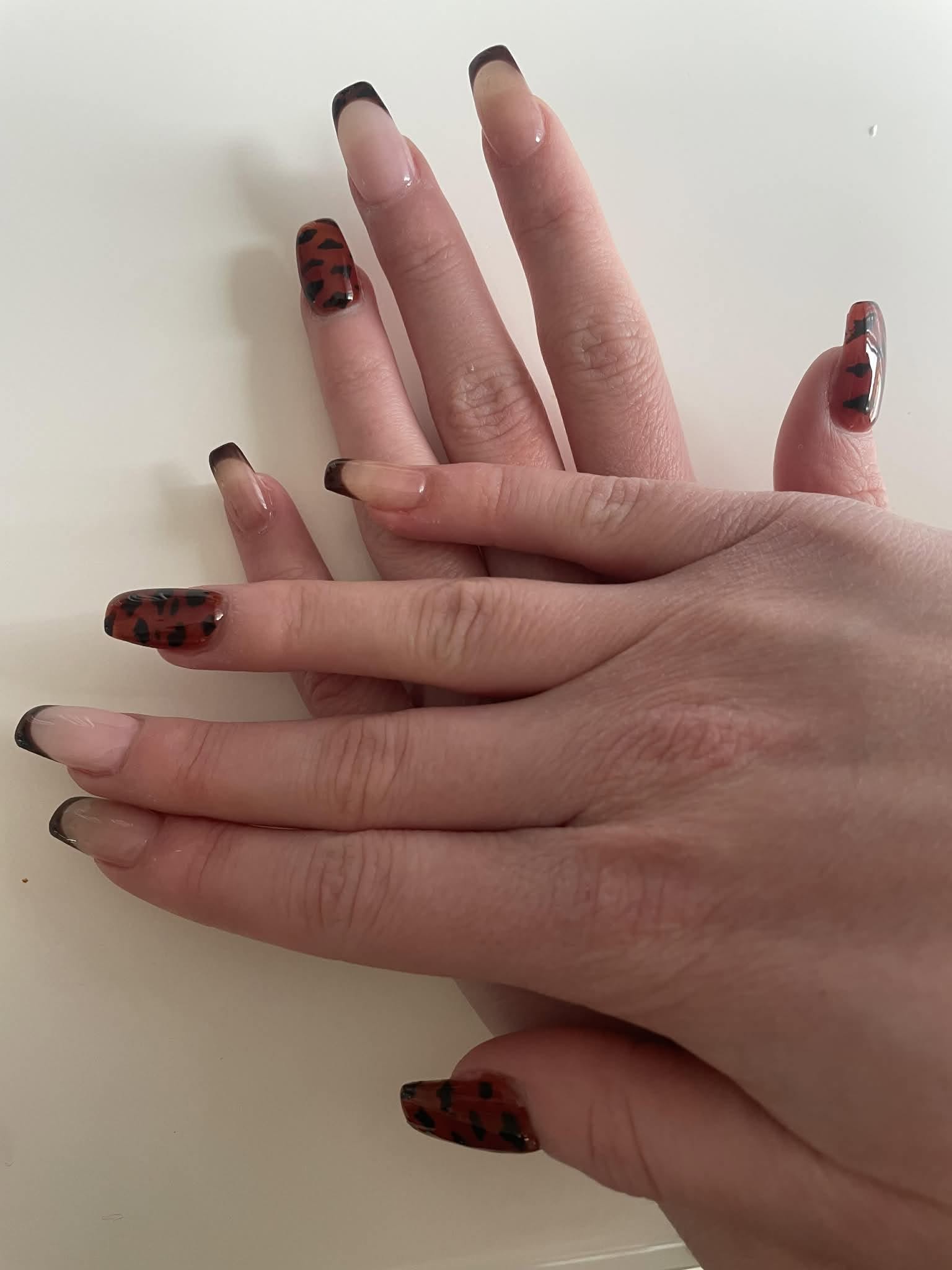 Pose d'ongles longue carrée, motif écaille et léopard dans les tons bruns
